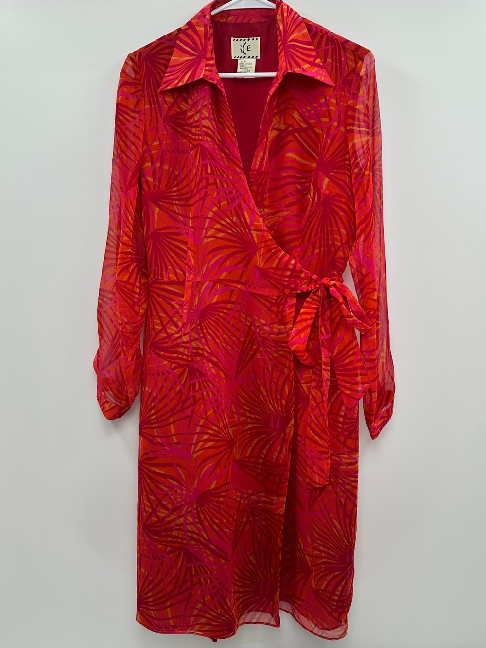 Vintage iCE 100% Silk Wrap Midi Dress Pink & Orange Palm-Print w/long sleeves